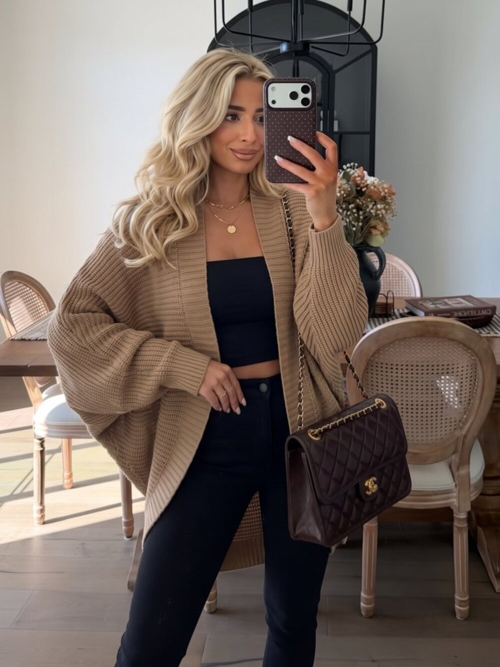 Women's Camel Batwing Sleeve Duster Cardigan Oversized Open Front Fall Knit